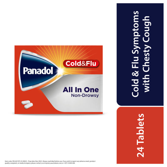 Panadol Cold & Flu All In One- For cold & Flu symptoms with chesty cough, 24 tablets