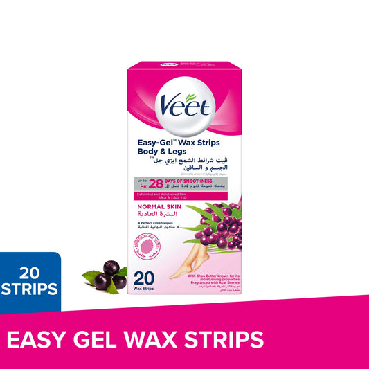 Veet Normal Skin Easy-Gel Shea Butter & Acai Berries Body & Legs Wax Strips, 20 Strips