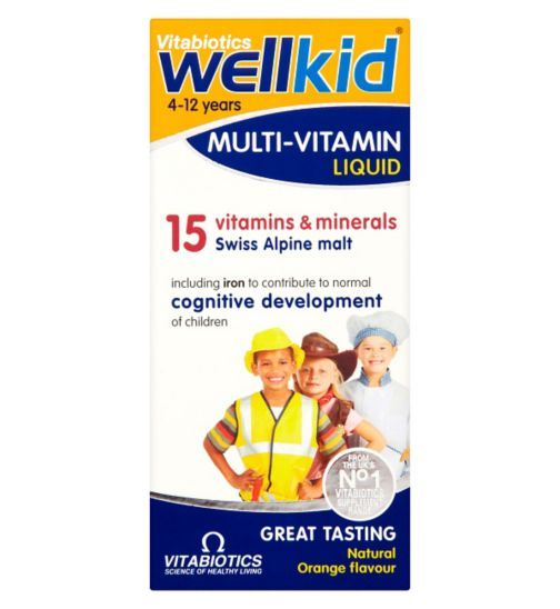 Vitabiotics Wellkid Multivitamin Liquid Nutrition & Supplements With Malt Extract Orange Flavor For Children (4-12 Years) - Dairy Free, Lactose Free, Yeast Free 150 Ml