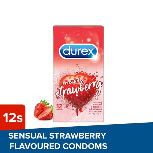 Durex Sensual Strawberry Flavoured & Dotted Condoms for Men, 12 Pieces