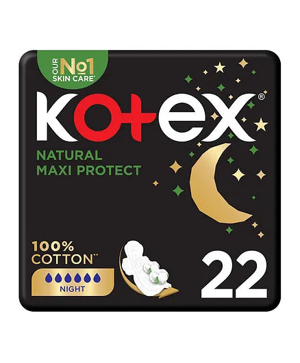 Kotex 100% Cotton Natural Maxi Overnight Sanitary Pads, 22 Pieces