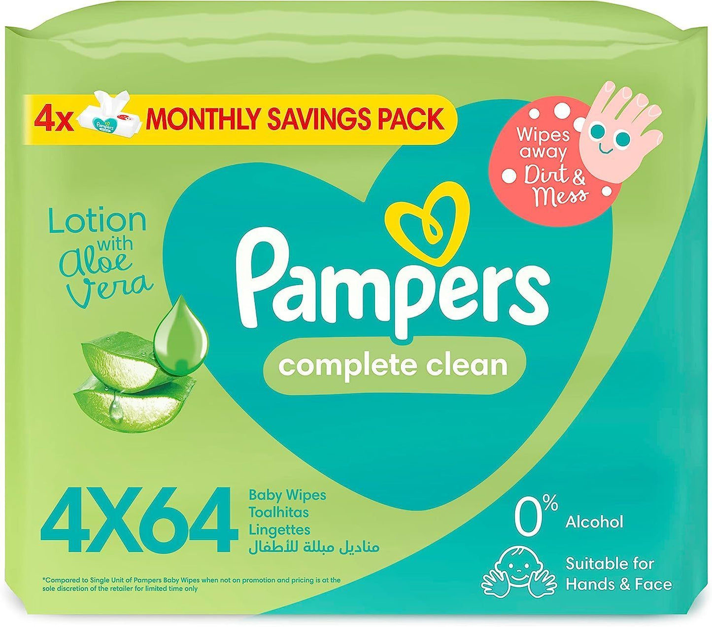 Pampers Complete Clean Baby Wipes with Aloe Vera Lotion, 4 Packs, 256 Wipes