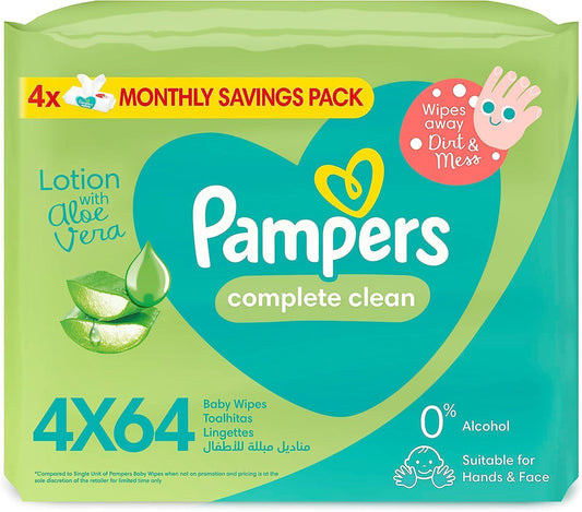 Pampers Complete Clean Baby Wipes with Aloe Vera Lotion, 4 Packs, 256 Wipes