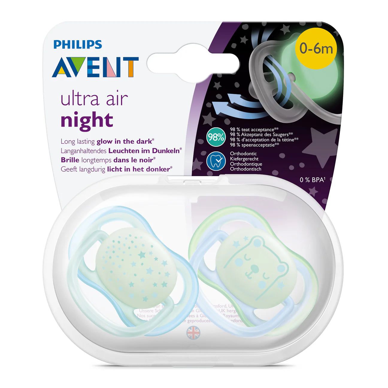 Philips Avent Ultra Air Night Time Boy Them Pacifier, 0-6m