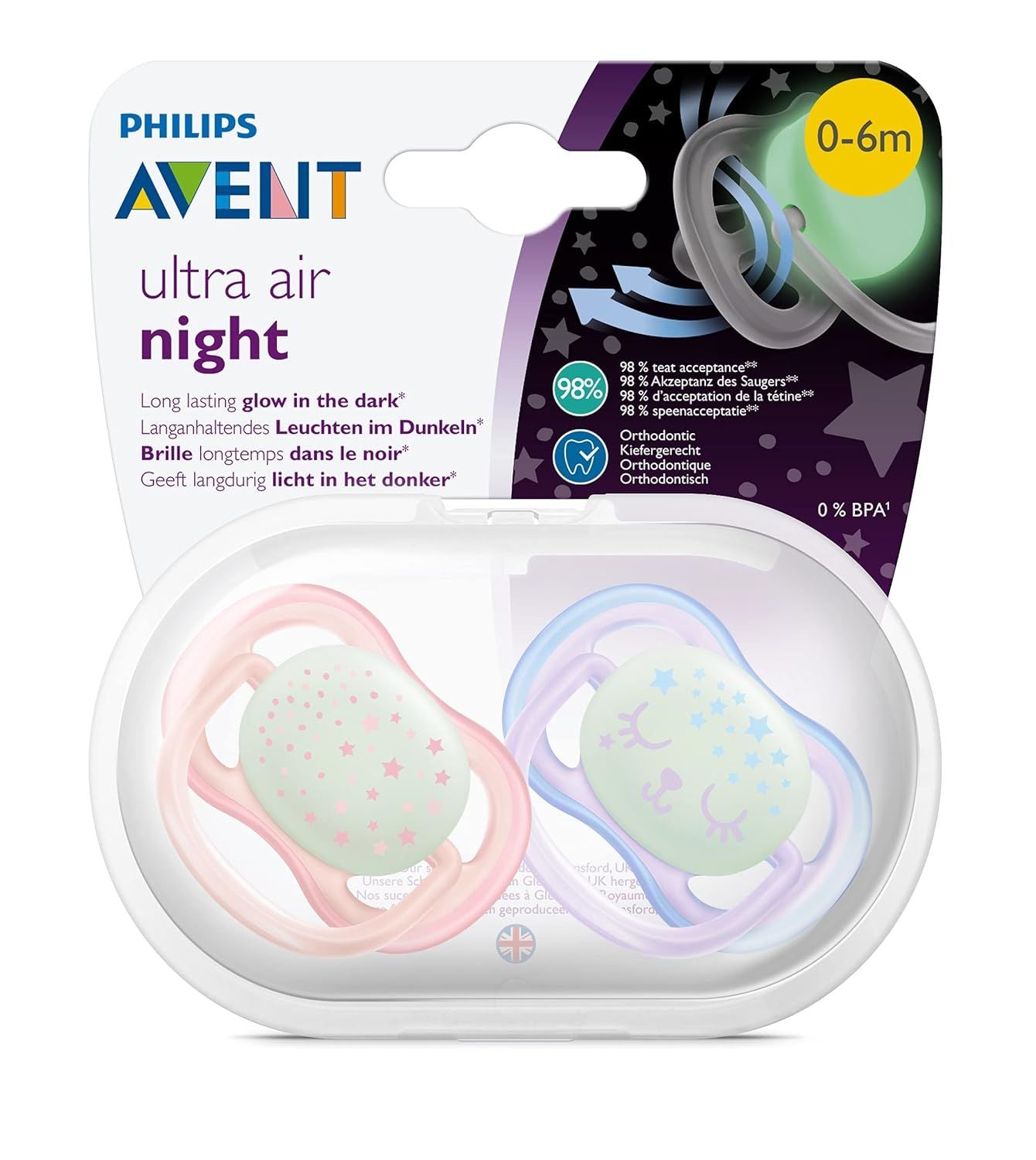 Philips Avent Ultra Air Night Time Girl Them Pacifier, 0-6m