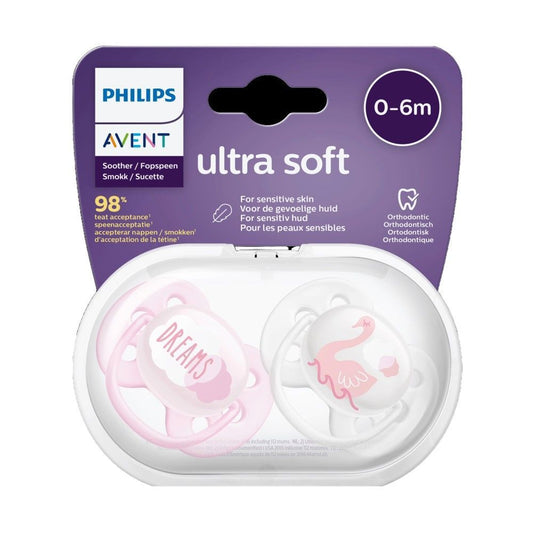 Philips Avent Ultra Soft Silicon Soother for Girls 0-6 Months, 2 Pieces