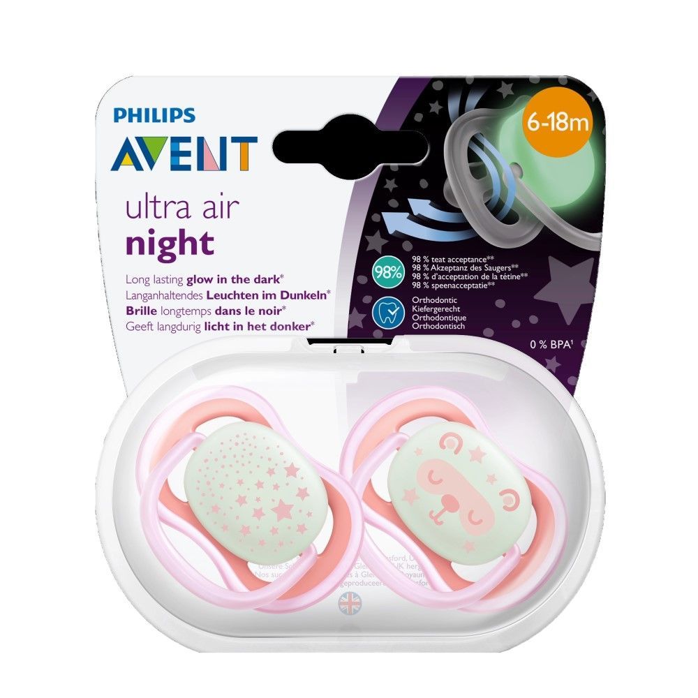 Philips Avent Ultra Air Night Silicon Soother for Girl 6-18 Months, 2 Pieces