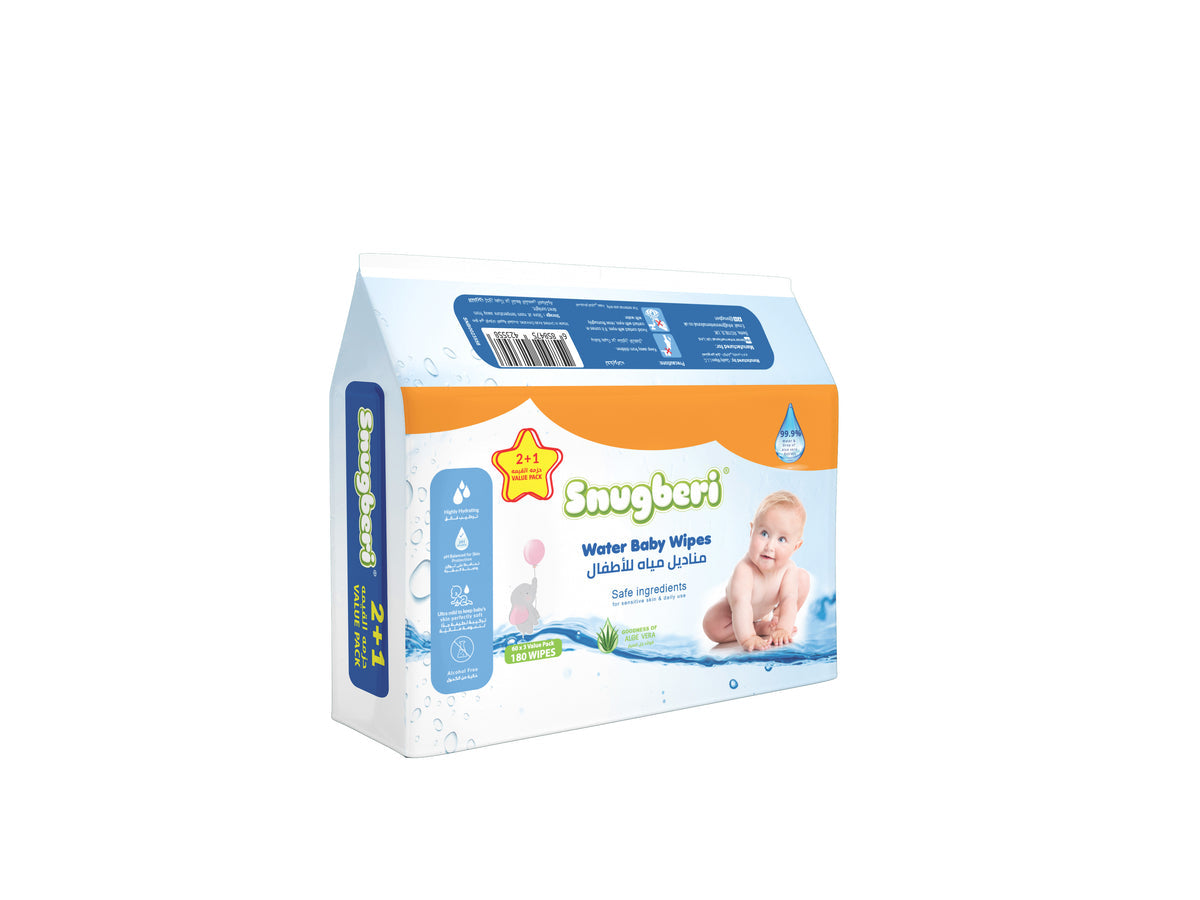 Snugberi Baby Water Wipes, 3x60 Wipes