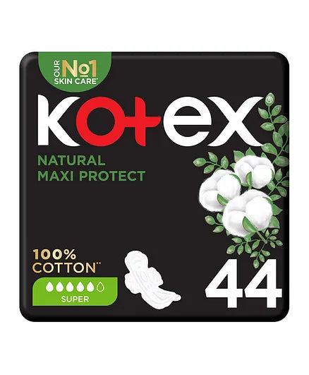 Kotex Natural Maxi Thick Cotton Super Sanitary Pads, 44 Pieces