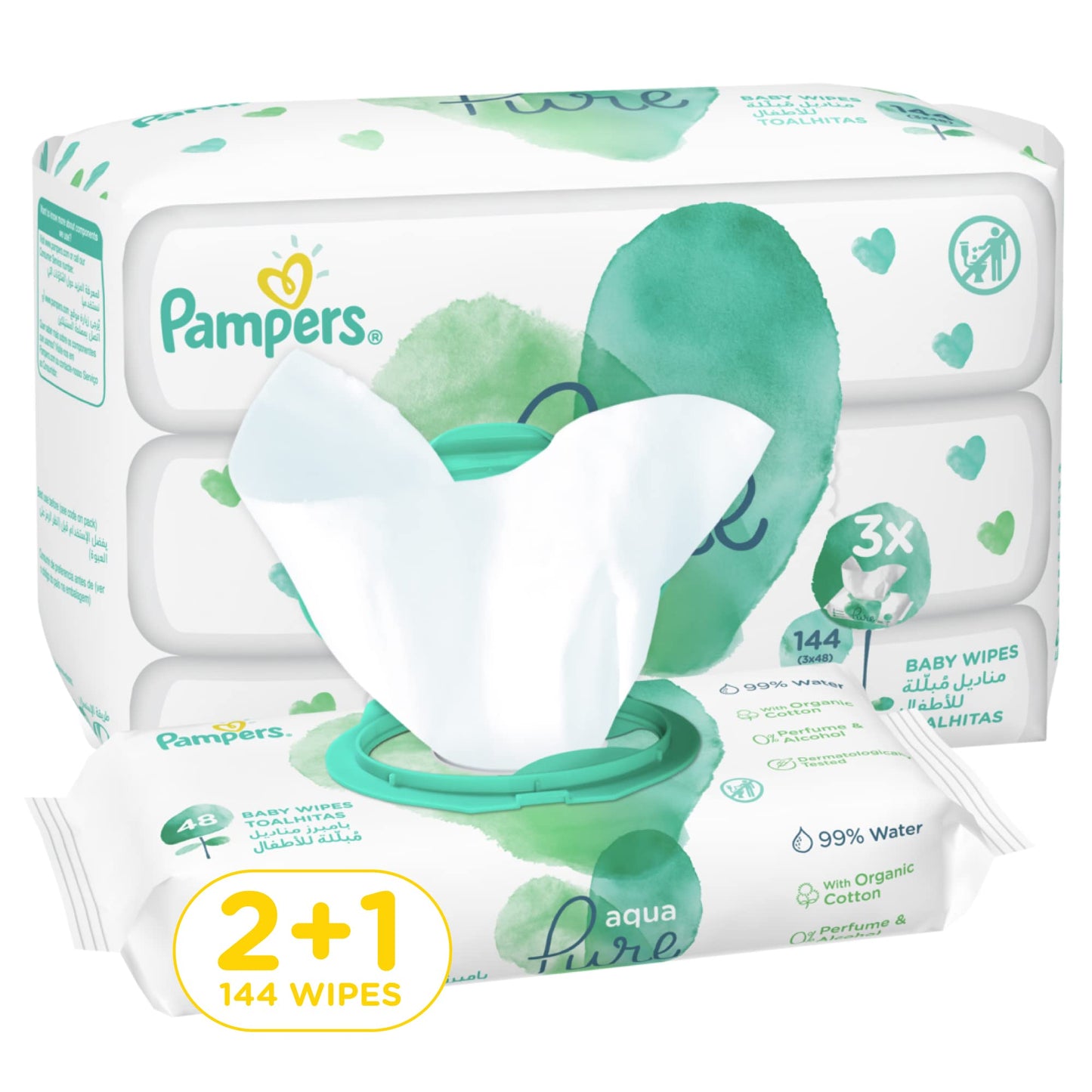 Pampers Aqua Pure Tissues, Set of 3 144 Wipes