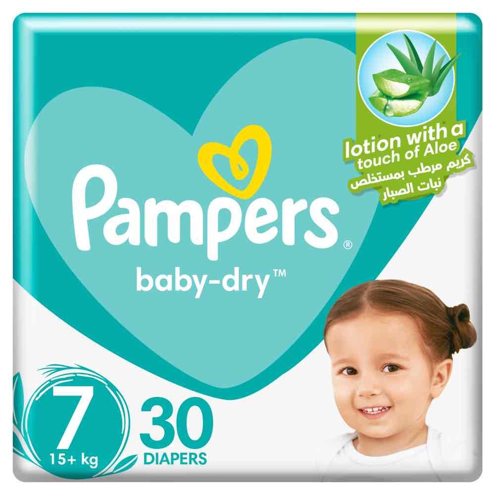 Pampers Baby-Dry Taped Diapers with Aloe Vera Lotion, Size 7, 15+kg, 30 Diapers