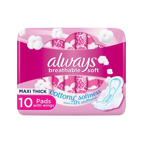 Always Breathable Soft Maxi Thick Pads with Wings, 10 Pads